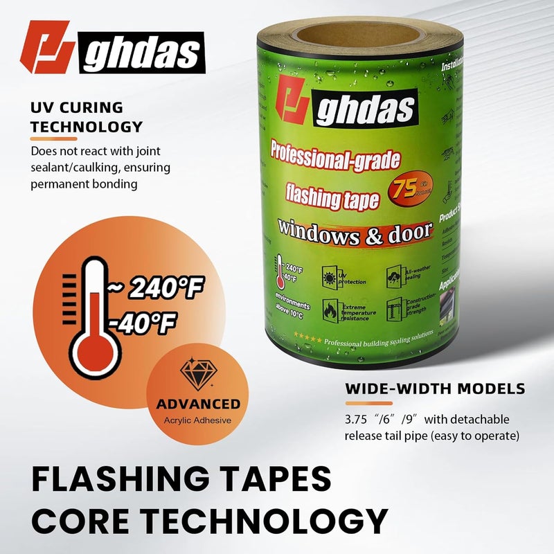 Bghdas Flashing Tape, 6" x 75', Industrial Strength for Windows, Doors, Weather-Resistant, UV-Resistant, Tear-Resistant, Advanced Acrylic Adhesive, Black - Image 2